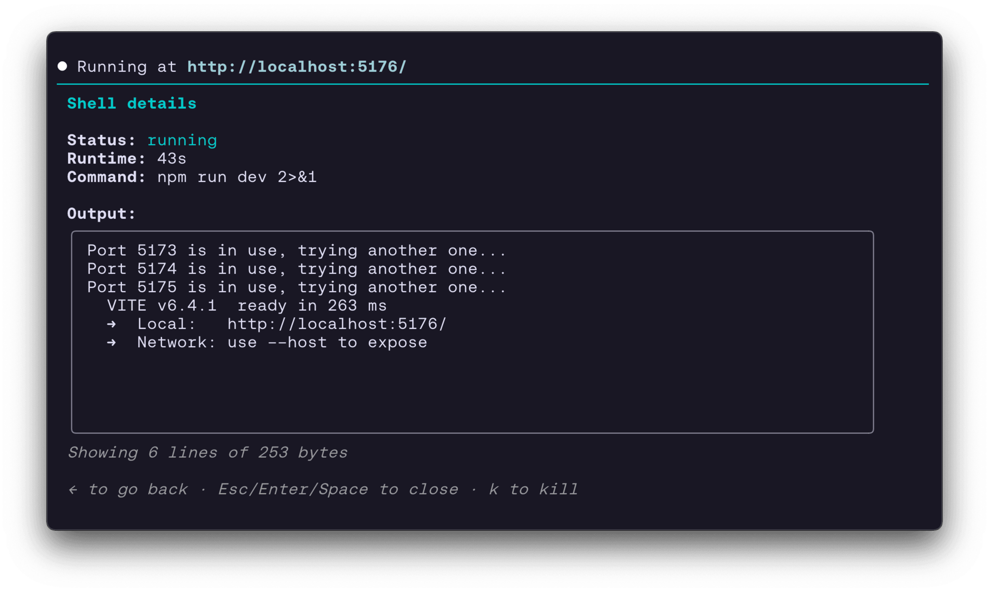 Claude Code spinning up the Vite dev server after pulling down a Dive for local development.