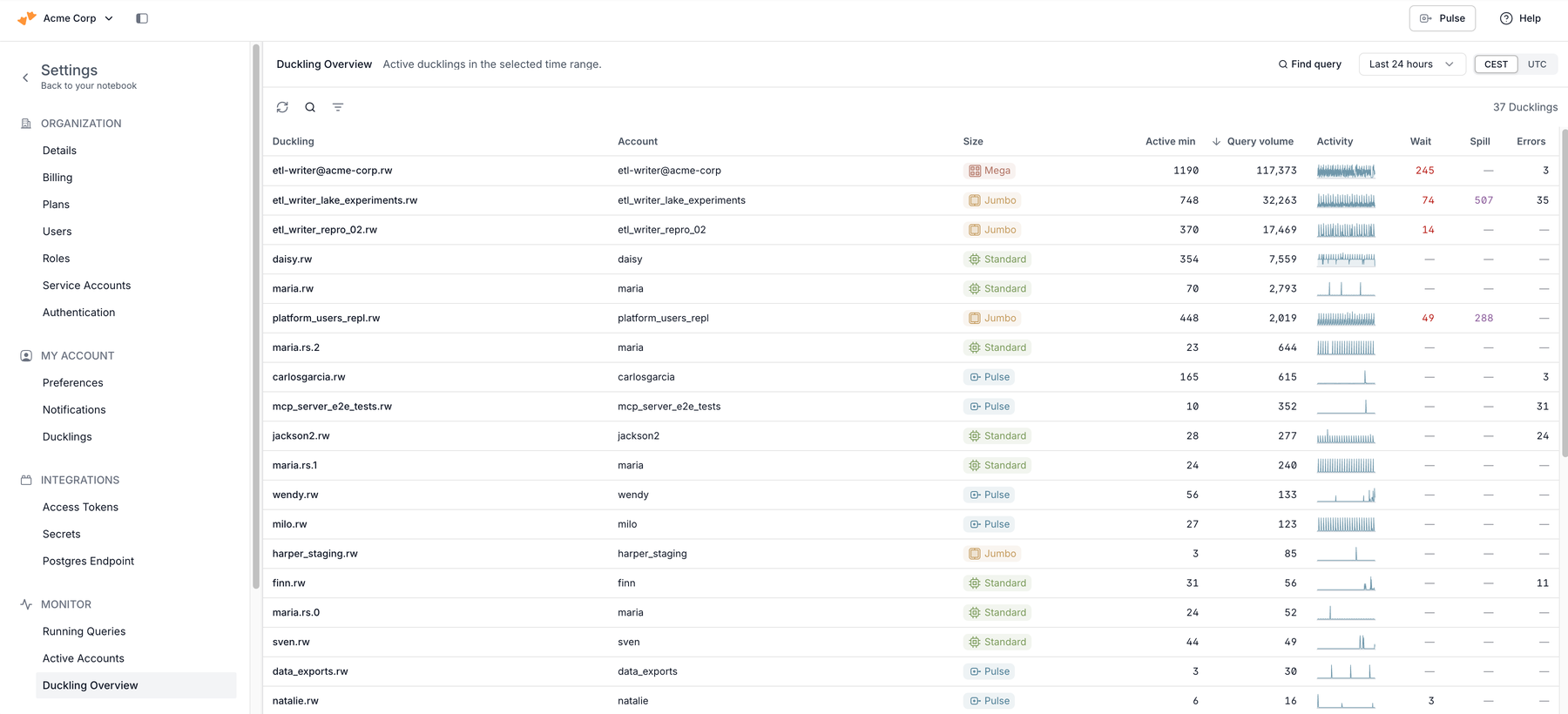 Duckling overview list showing every Duckling in the organization with its account, size, active minutes, query volume, and error counts