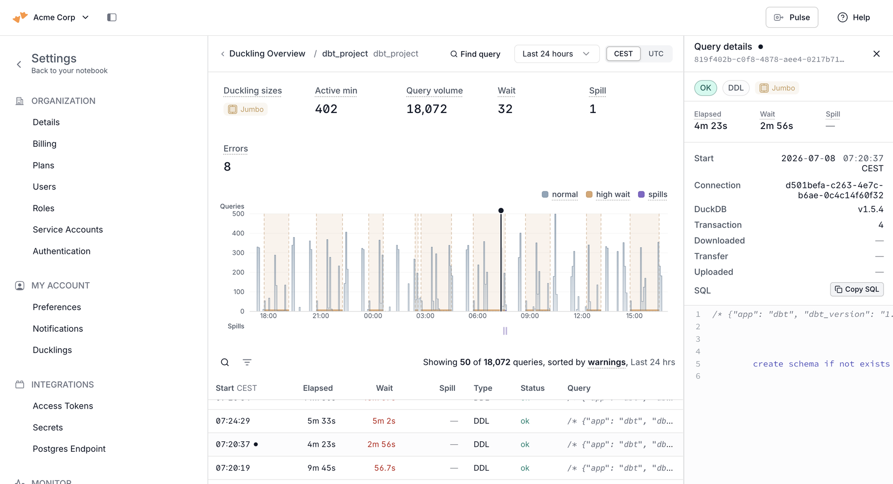 Duckling overview drill-down showing summary stats, a query activity bar chart, and a table of top queries