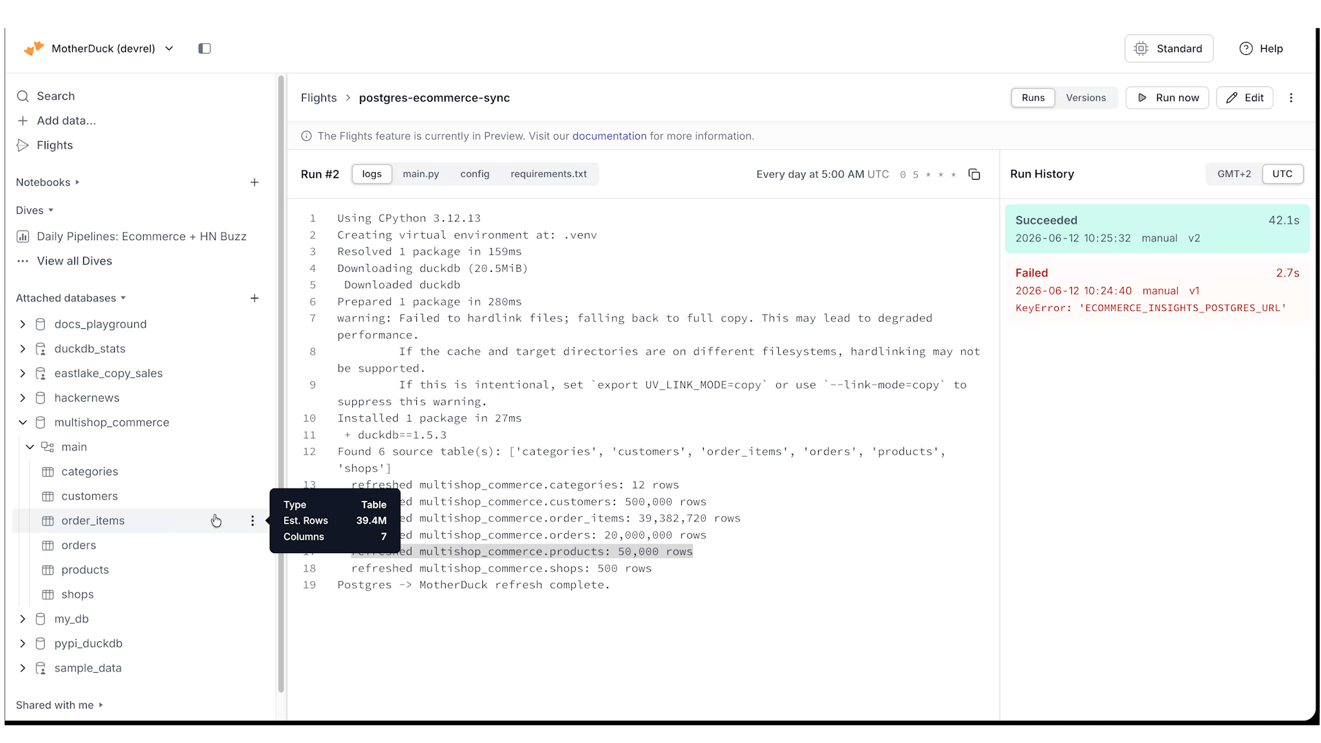 The Postgres e-commerce sync Flight in the MotherDuck UI — a failed first run followed by a successful run, the generated source and requirements, a daily schedule, and the mirrored tables in the database explorer.