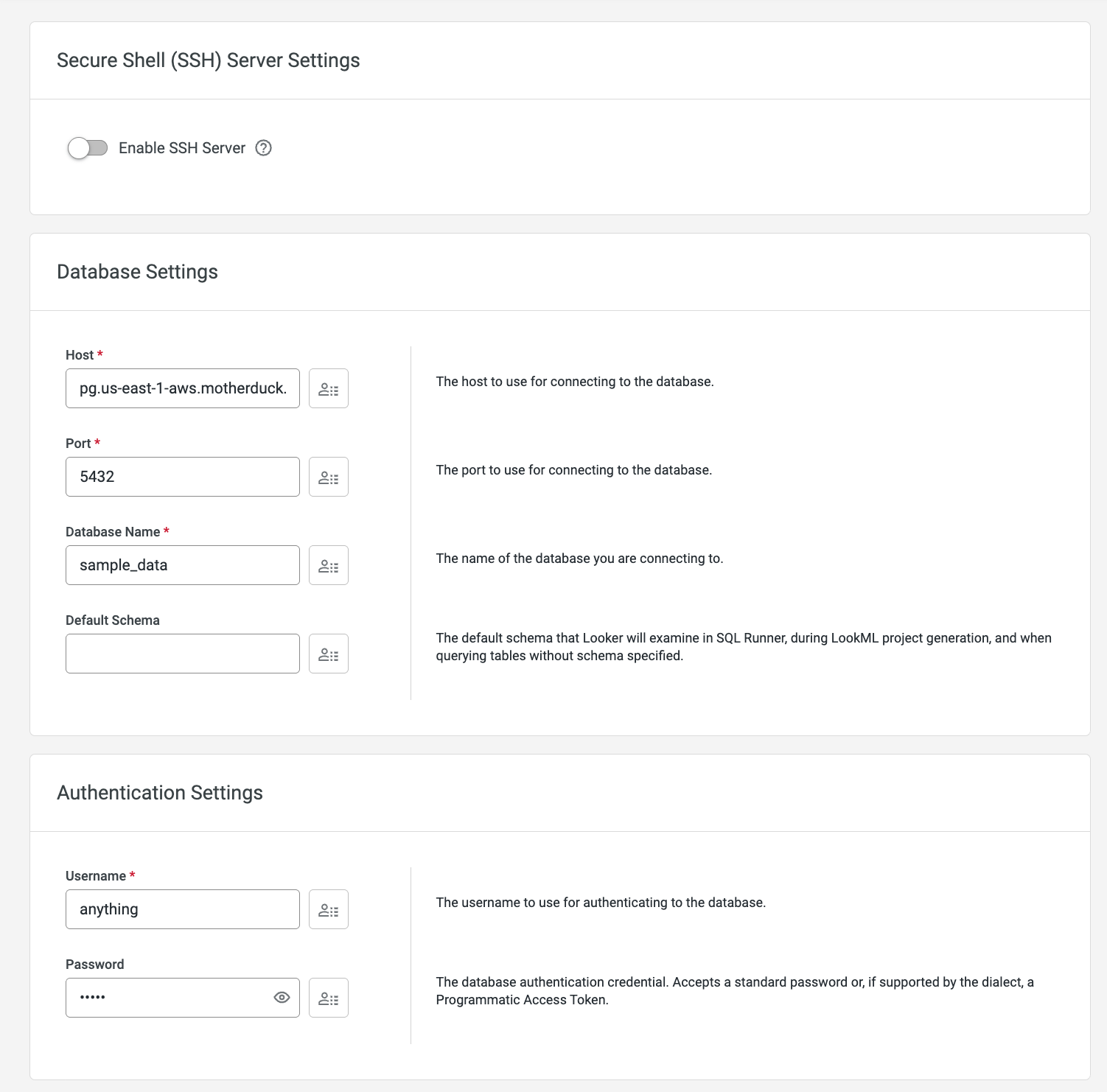 Looker database and authentication settings for a MotherDuck Postgres endpoint connection
