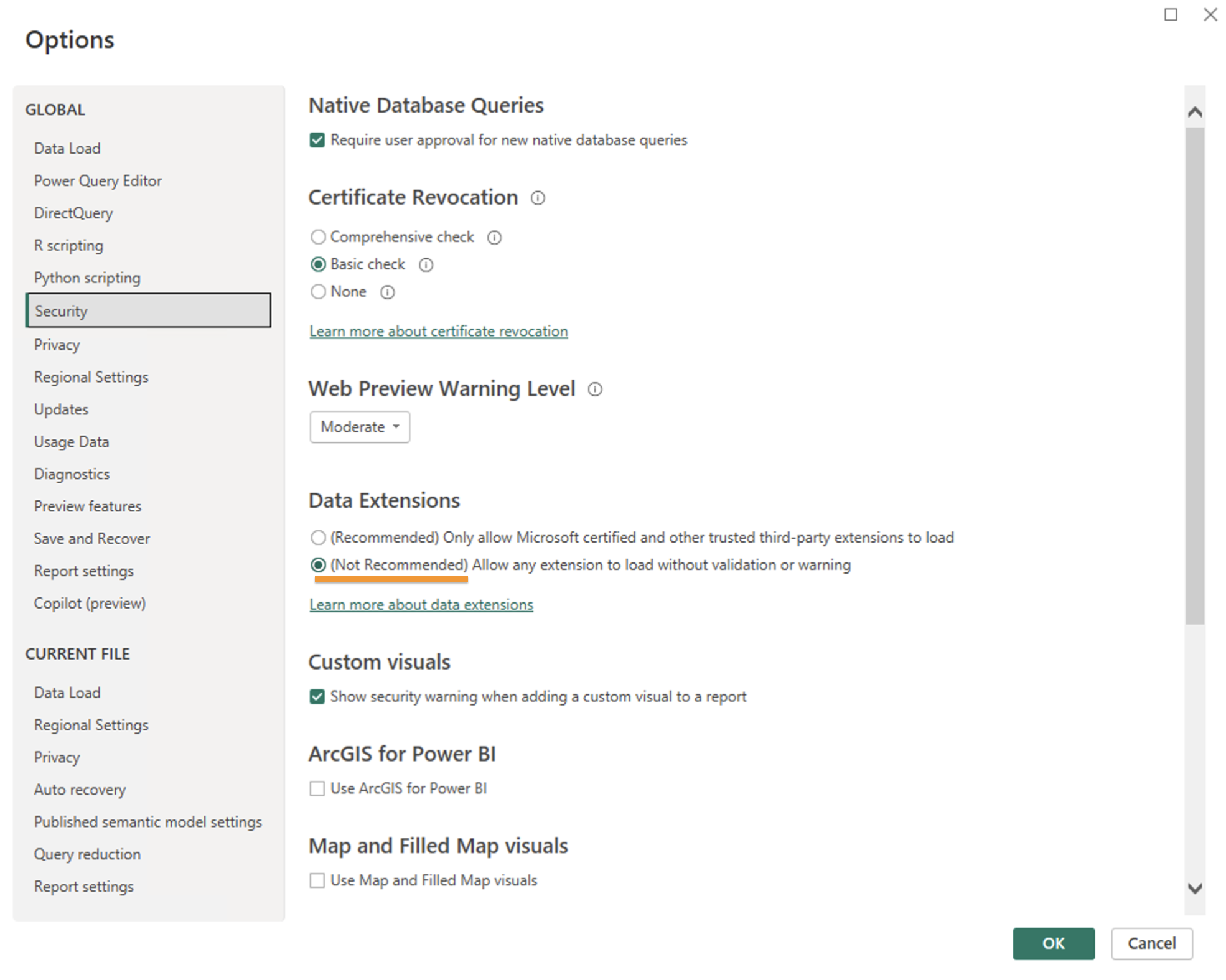 Dialog window showing Power BI Options to Security to Data Extensions