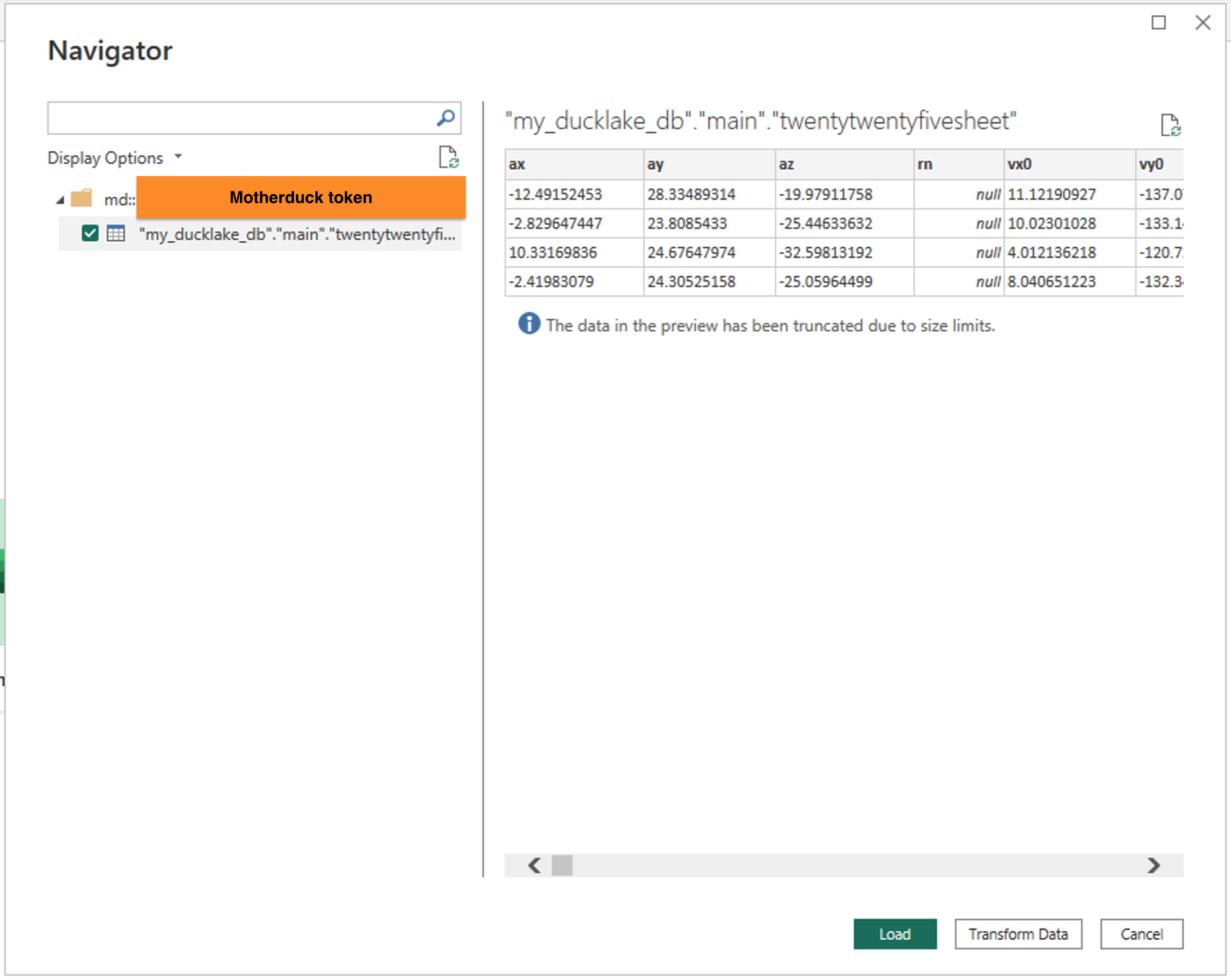 Power BI Navigator dialog previewing and selecting tables