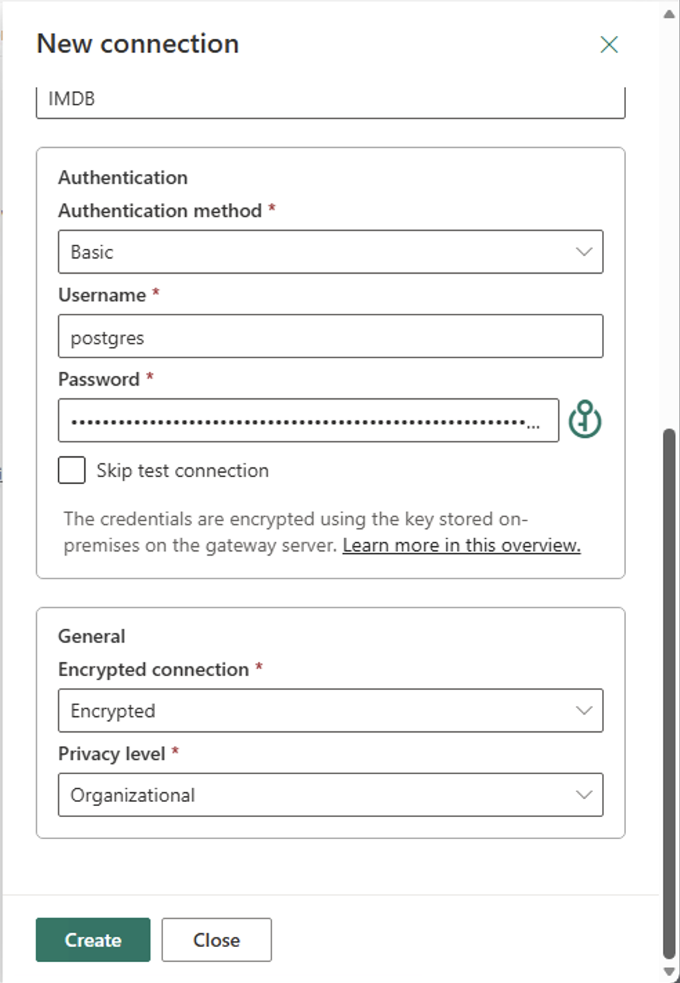 Power BI Service connection dialog showing authentication, encryption, and privacy settings