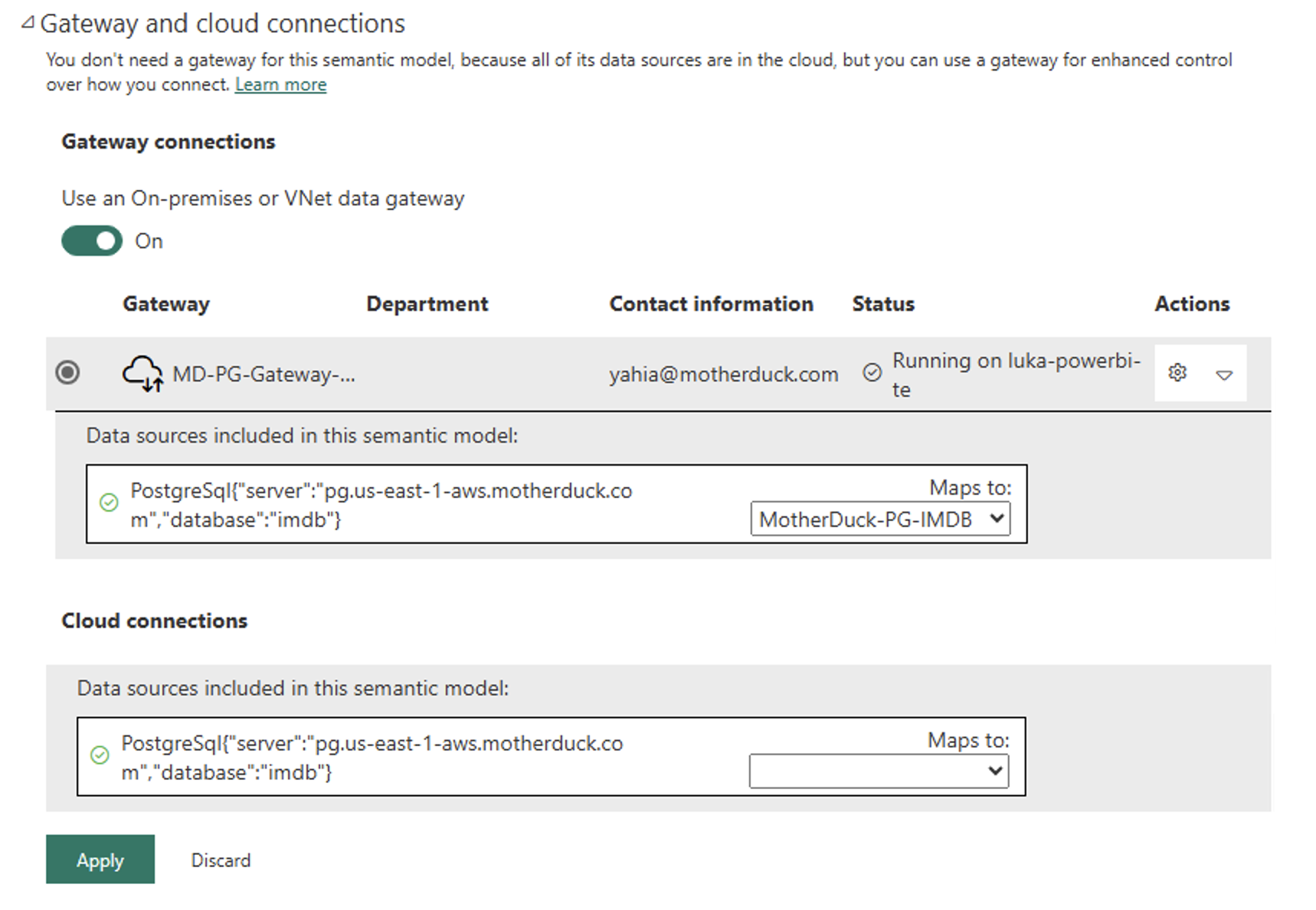 Power BI Service gateway and cloud connections settings showing the gateway mapped to a MotherDuck data source