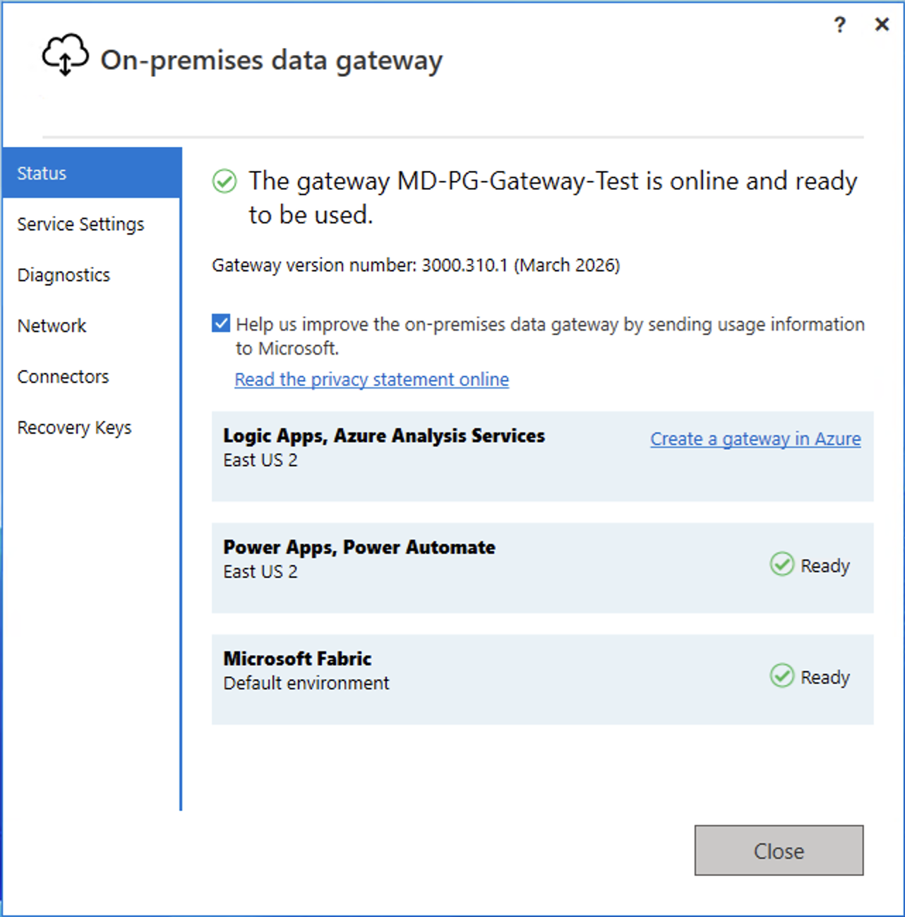 On-premises data gateway configuration wizard showing the gateway is online and ready