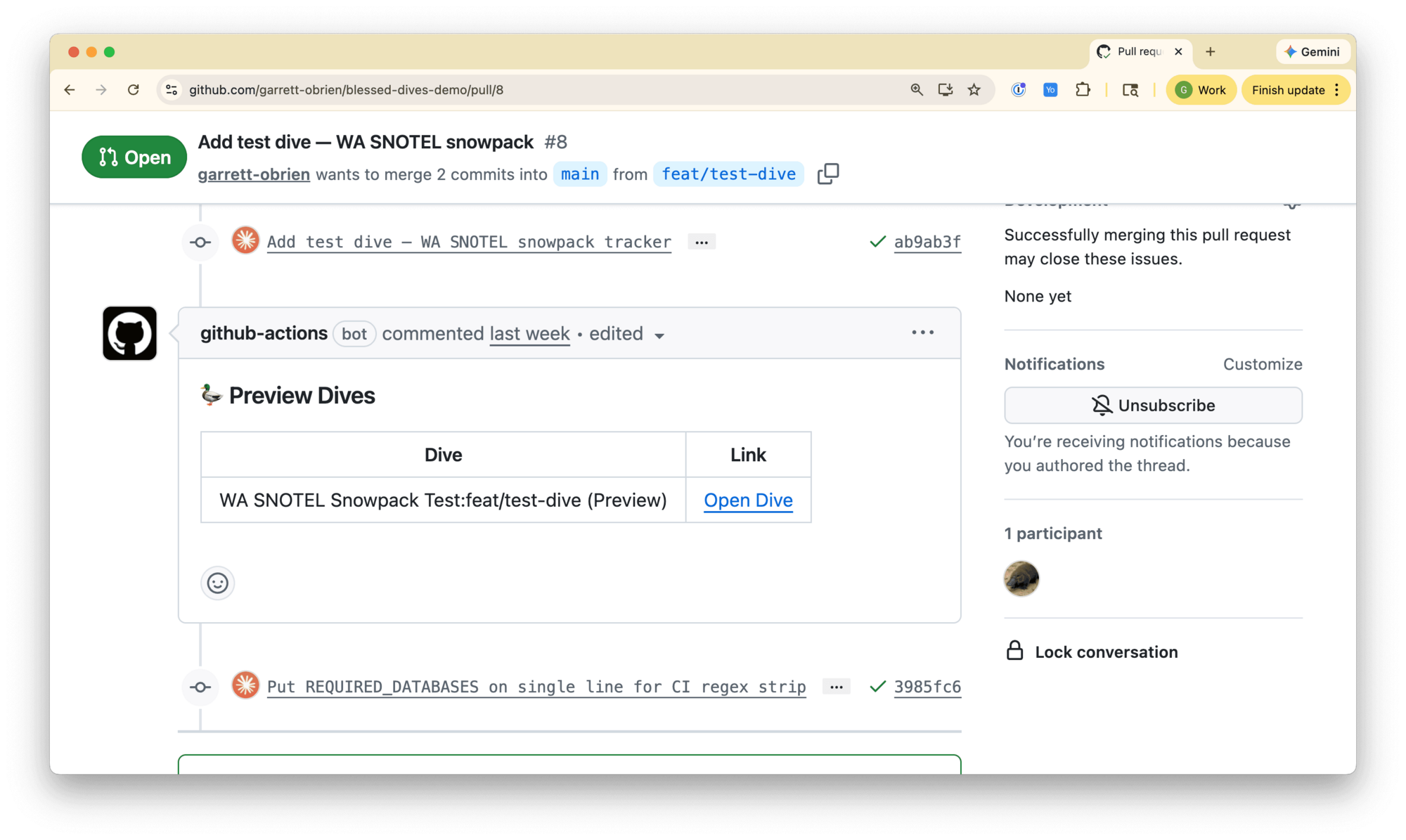 A GitHub Actions bot comment on a PR showing a preview Dive link — click Open Dive to see it live in MotherDuck.