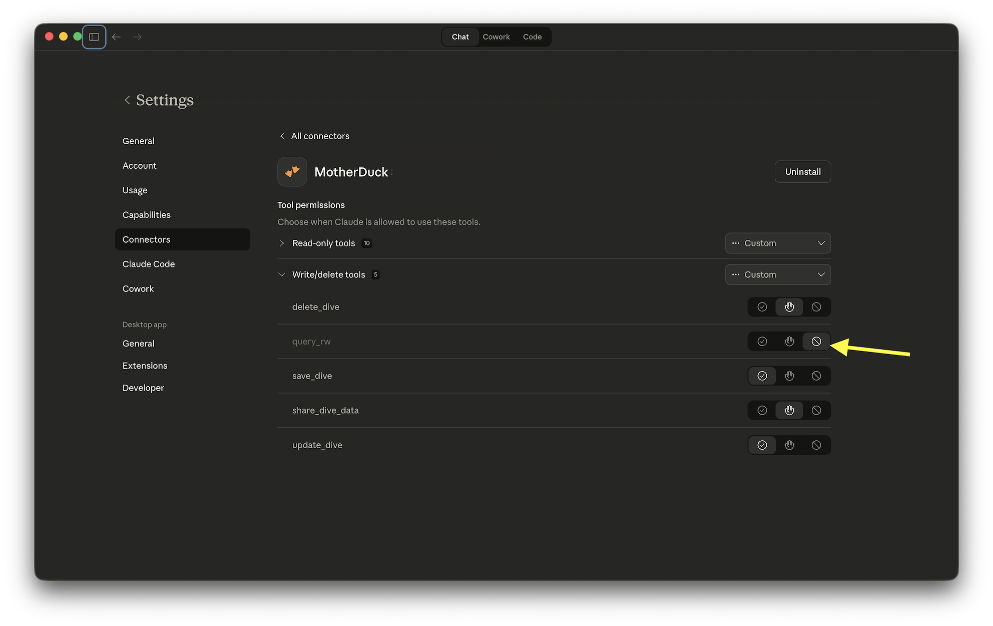 Blocking the query_rw tool in Claude's connector settings