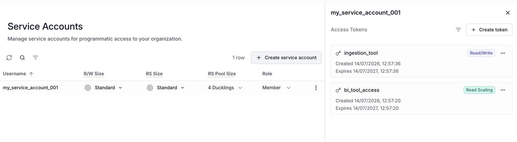 Service account management page