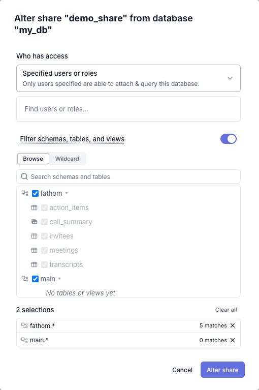 Share dialog with two schemas selected as whole-schema patterns, their tables shown as included