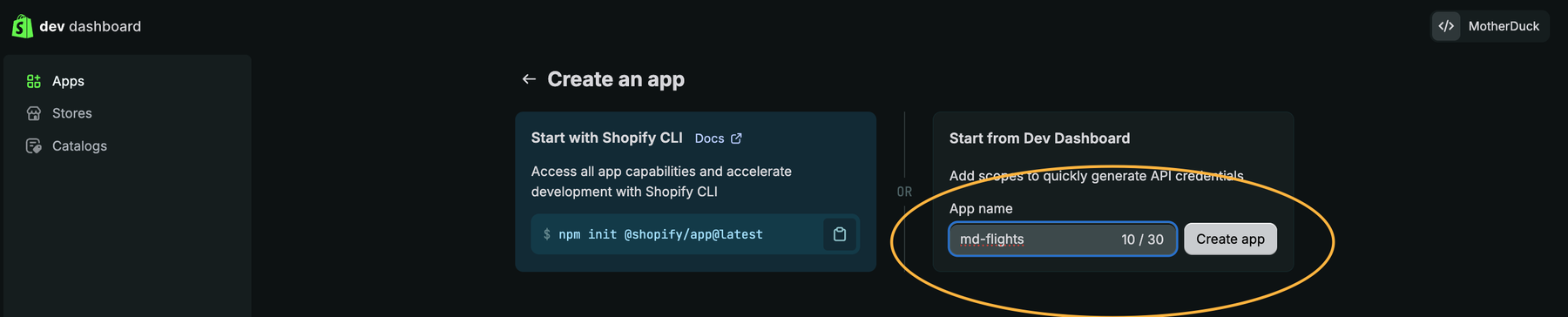 Shopify Dev Dashboard "Create an app" page with the "Start from Dev Dashboard" option and app name field highlighted