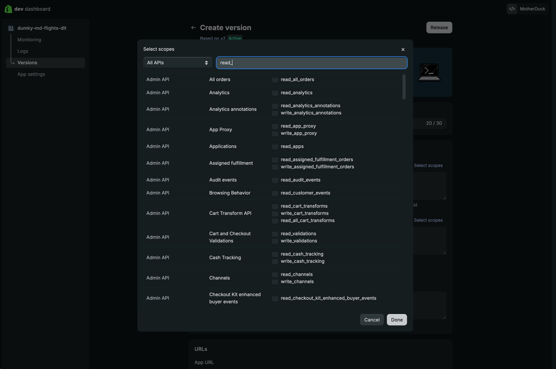Shopify "Select scopes" dialog filtered by "read_", listing Admin API scopes with checkboxes